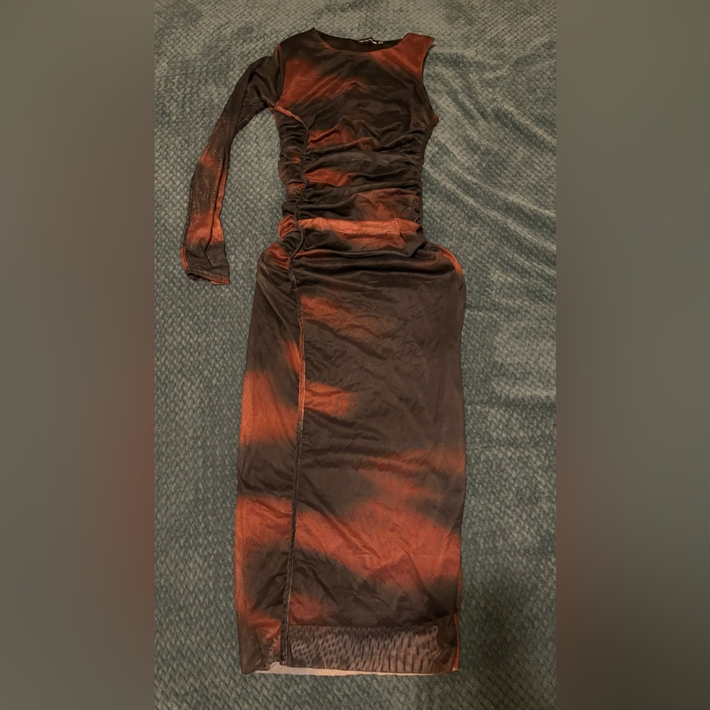 Ankle Length Ruched Bodycon Dress with mesh sleeve
